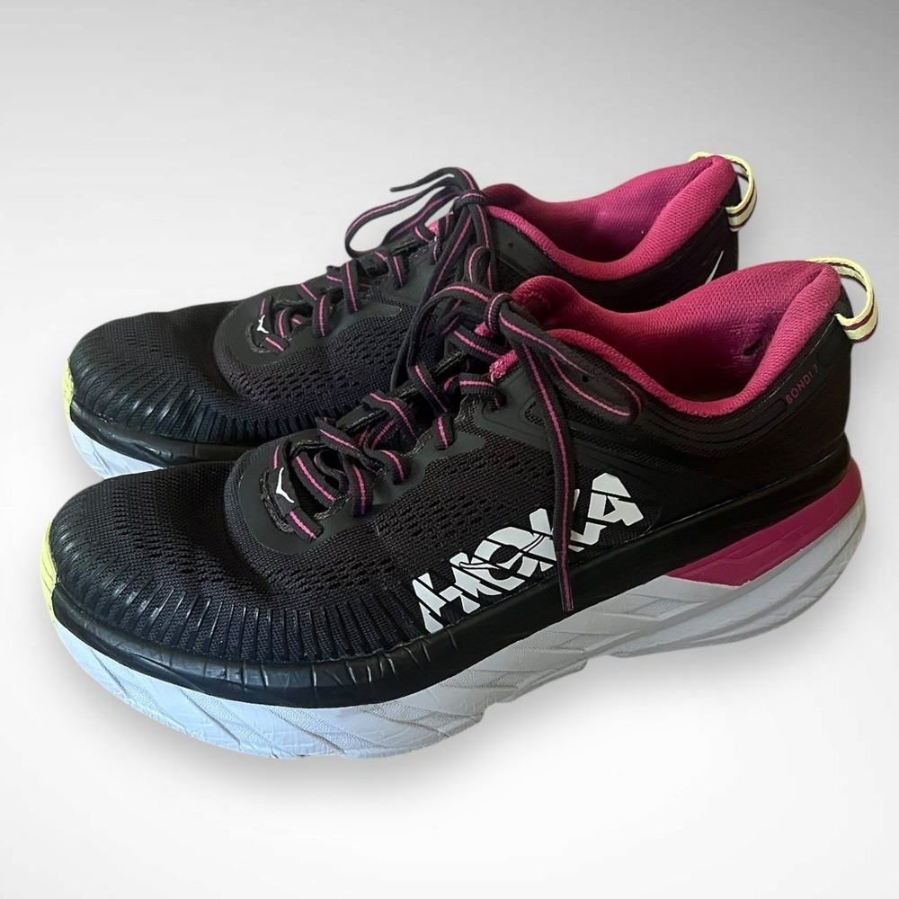 HOKA One One Bondi 7 Black‎ and Pink Running Shoes Size 8.5 | EUC